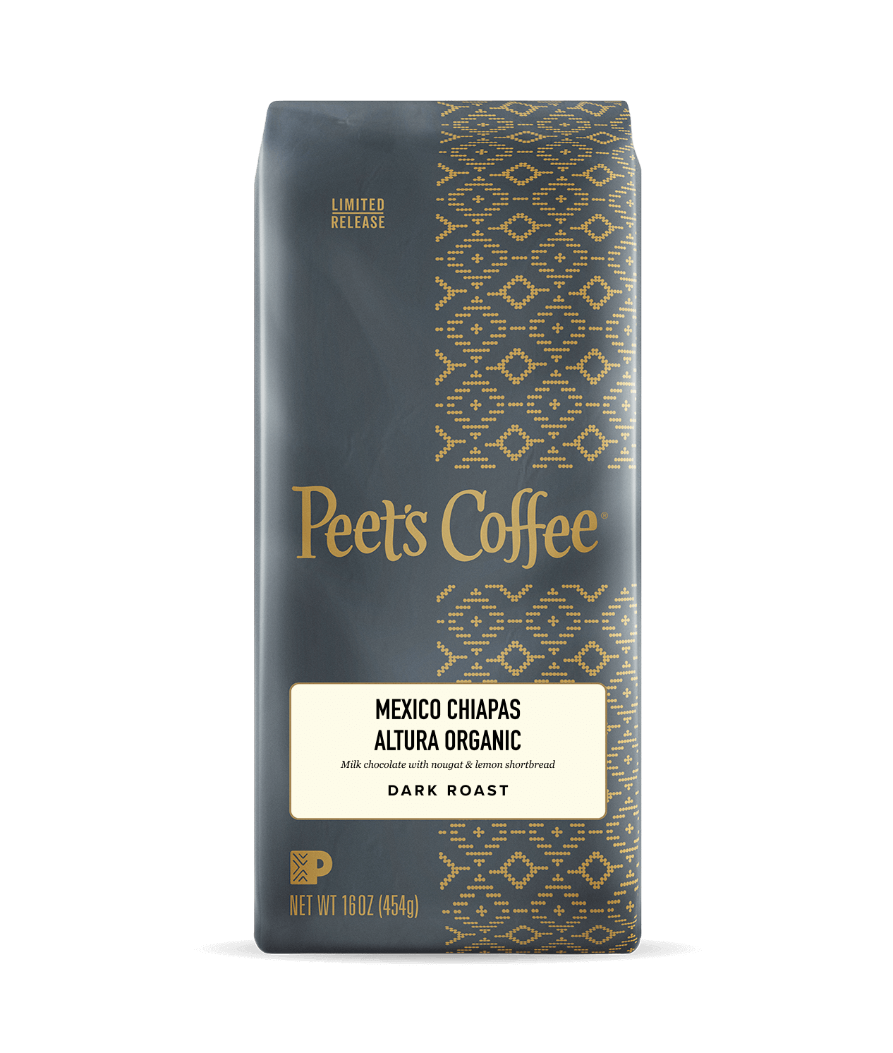 Peet's Coffee Mexico Chiapas Altura Organic package with gold text and pattern on a dark background